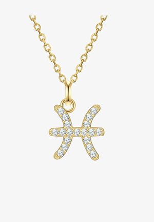 Zlatý náhrdelník s príveskom symbolu rýb, obsahujúci priehľadné drahokamy zasadené do dizajnu. Ťah má oválne oká.