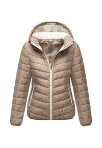 Vadderad beige jacka med avtagbar huva, framdragkedja och två sidofickor. Har en slät textur och sömdekor.