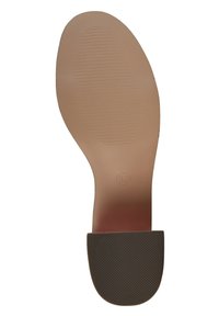 Schuhsohle mit einer glatten beigen Oberfläche, die eine strukturierte braune Fersenkappe aufweist. Die Größe "36" ist in der Nähe der Ferse eingeprägt.