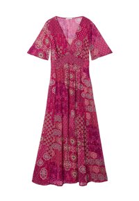 Robe maxi en tissu rose avec un décolleté en V, des manches courtes évasées et des motifs floraux et géométriques complexes sur l'ensemble.