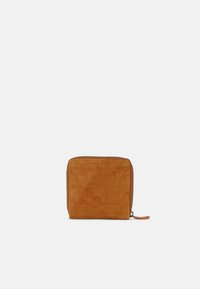 Brown suede wallet with a square shape, featuring a zipper closure and clean edges. Smooth texture with a single-tone surface.
