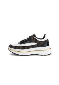 Zapatilla en blanco y negro con una parte superior negra con patrón, puntera redonda, gruesa entresuela blanca con un acento dorado y suela negra texturizada.