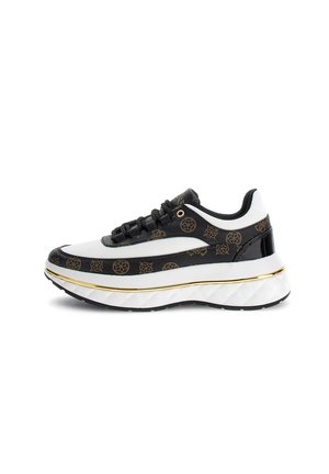 Sneaker in bianco e nero con una tomaia nera a motivo, punta rotonda, suola intermedia spessa bianca con un accento dorato e suola esterna nera texturizzata.