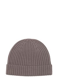 Grijze gebreide muts met een opgevouwen rand en een verticale ribbelstructuur, getoond tegen een witte achtergrond.