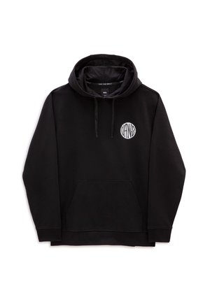 Sweat à capuche noir Vans avec poche kangourou à l'avant, cordon de serrage à la capuche et petit logo rond Vans sur le côté gauche de la poitrine.