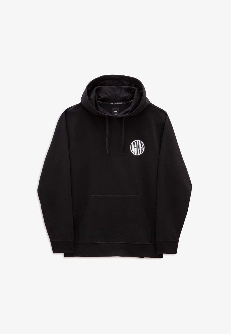 Sweat à capuche noir Vans avec poche kangourou à l'avant, cordon de serrage à la capuche et petit logo rond Vans sur le côté gauche de la poitrine.
