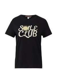 Zwarte katoenen t-shirt met een grote, crèmekleurige graphic met de tekst "Sole Club" en een zonmotief, ronde halslijn en korte mouwen.