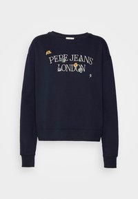 Sweat-shirt marine avec texte brodé « PEPE JEANS LONDON ». Présente des motifs floraux de différentes couleurs, des poignets côtelés et un col rond.