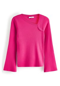 Ribbed magenta long-sleeve top with a V-neck and asymmetric neckline detail. Features flared cuffs and a textured fabric finish.