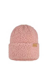 Soft pink fleece beanie hat with a folded brim and a small tan leather patch label on the side.