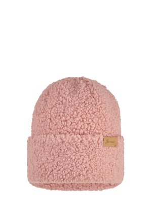 Weiche rosa Fleece-Mütze mit umgeschlagenem Rand und einem kleinen tanfarbenen Lederetikett an der Seite.