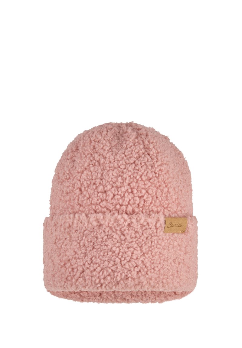 Soft pink fleece beanie hat with a folded brim and a small tan leather patch label on the side.
