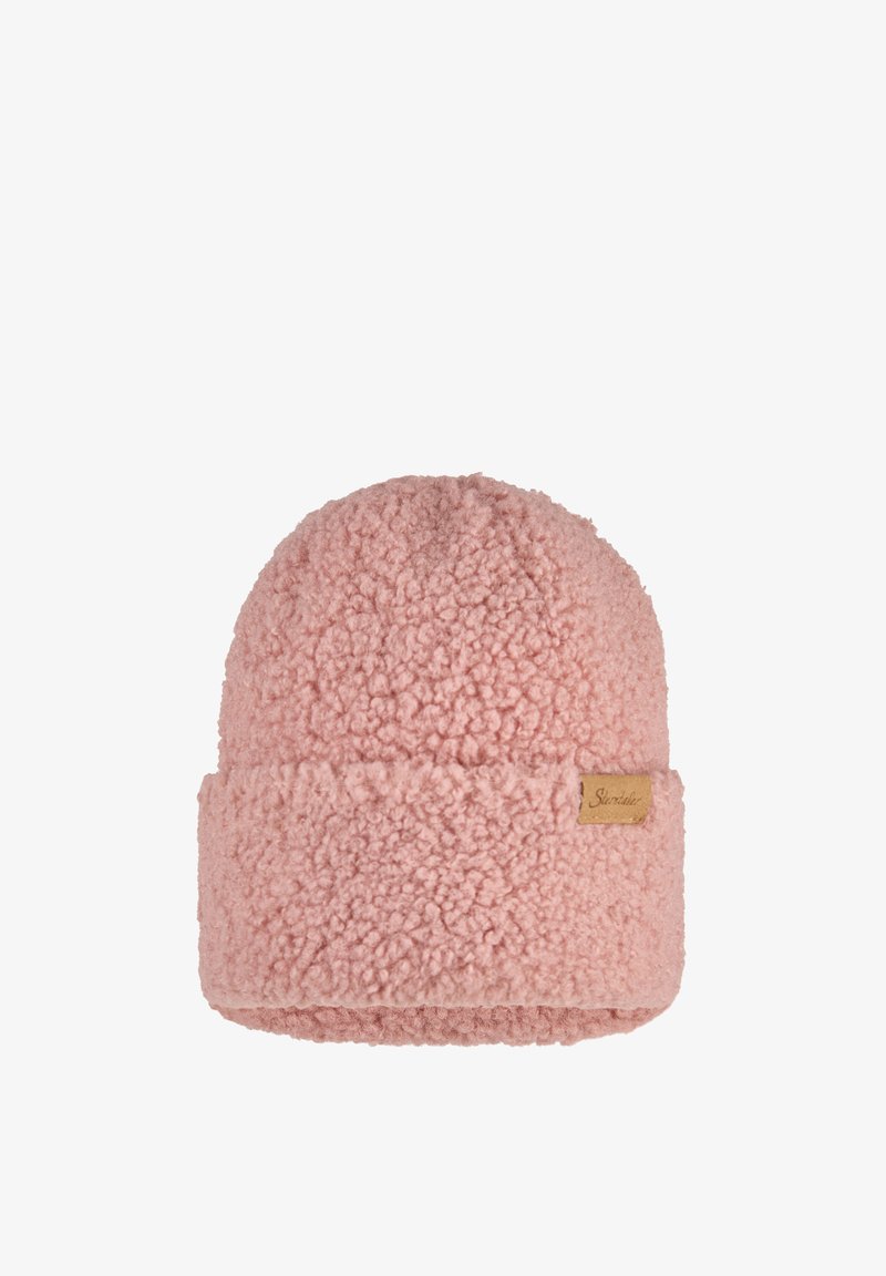 Soft pink fleece beanie hat with a folded brim and a small tan leather patch label on the side.