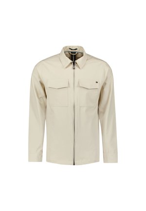 Beige Langarmjacke mit zwei Brusttaschen, Reißverschluss vorne, Kragen und glatter Stoffoberfläche.