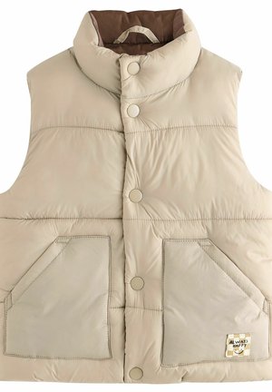 Gilet imbottito beige con colletto alto, due tasche frontali, bottoni a pressione e un discreto etichetta "Always Happy" in basso a destra.