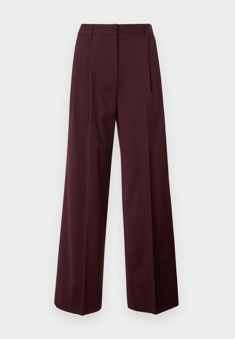 Wide-leg trousers in dark burgundy with a smooth fabric texture. Features a fitted waist, front pleats, and no visible hardware.