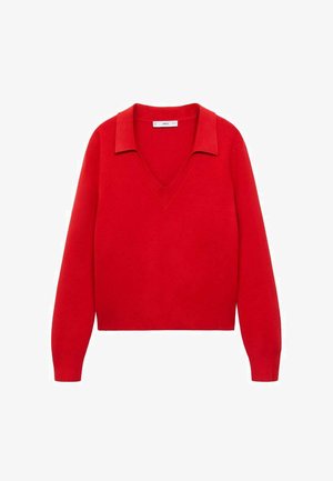 Pull en tricot rouge avec un col en V, des manches longues et une coupe courte. Couleur unie sans motifs ni embellissements.