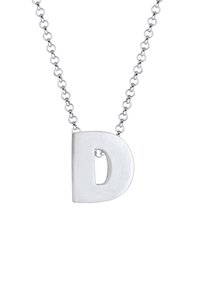 Sølv halskæde med en stor, poleret bogstav "D" vedhæng med udskæringsdetalje, ophængt på en delikat kæde med runde led.