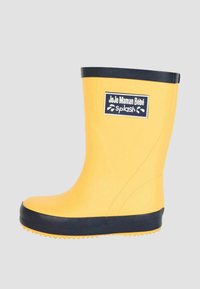 Botte de pluie en caoutchouc jaune avec bord noir et semelle texturée. Présente une étiquette indiquant "JoJo Maman Bébé Splash." Surface lisse, design mi-hauteur.