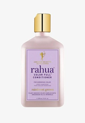Après-shampoing Rahua Color Full dans une bouteille rose translucide. Présente un capuchon doré et une étiquette violette avec un texte blanc, fournissant des informations sur le produit.