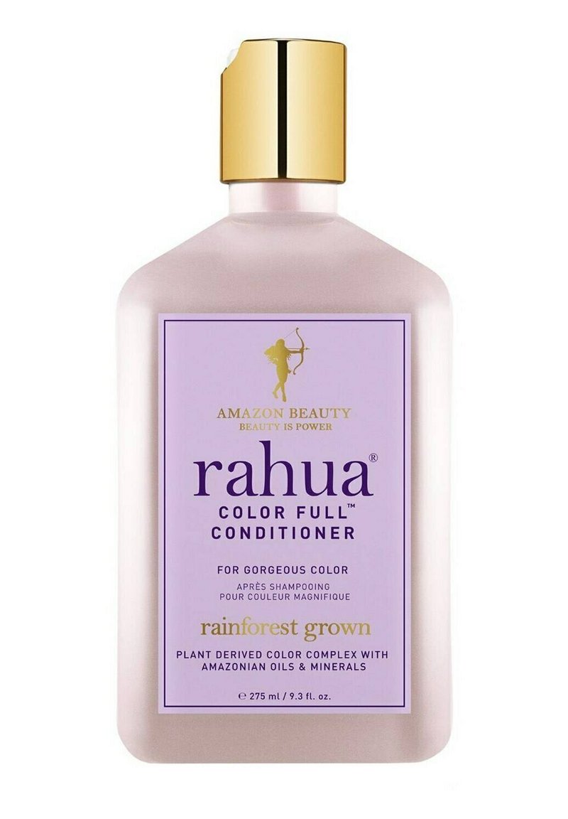 Rahua Color Full Conditioner in einer durchsichtigen, rosa Flasche. Verfügt über einen goldenen Deckel und ein lila Etikett mit weißem Text, der Produktinformationen enthält.
