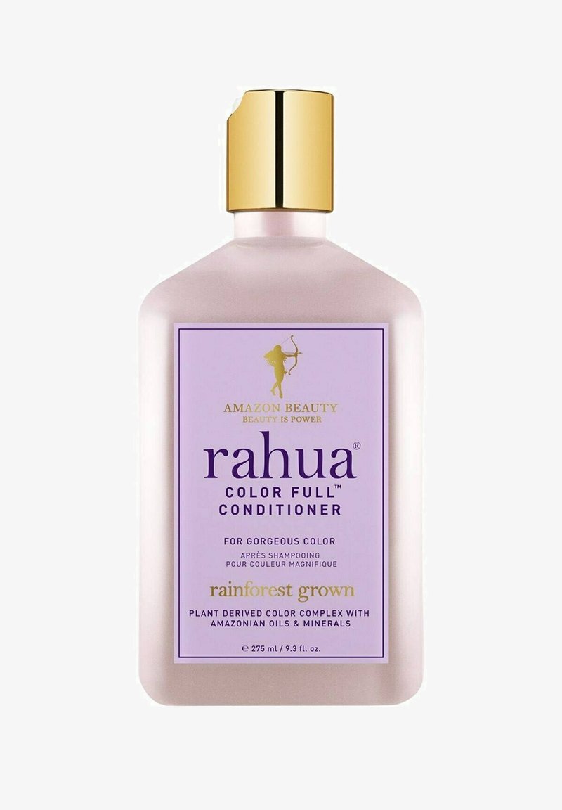 Rahua Color Full Conditioner in einer durchsichtigen, rosa Flasche. Verfügt über einen goldenen Deckel und ein lila Etikett mit weißem Text, der Produktinformationen enthält.