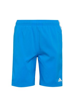 Niebieskie sportowe szorty z elastycznym pasem i białym logo Adidas na dolnej prawej nogawce na białym tle.