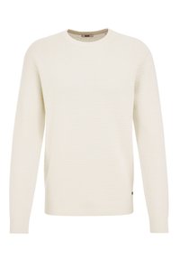 Cremefarbener Pullover mit strukturiertem Muster, Rundhalsausschnitt und gerippten Bündchen und Saum. Besitzt ein kleines Logo-Detail am Saum.