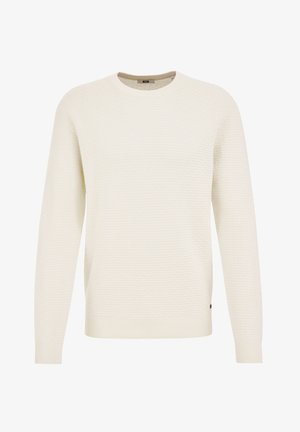 Suéter color crema con un patrón texturizado, cuello redondo y puños y dobladillo acanalados. Presenta un pequeño logo en el dobladillo.