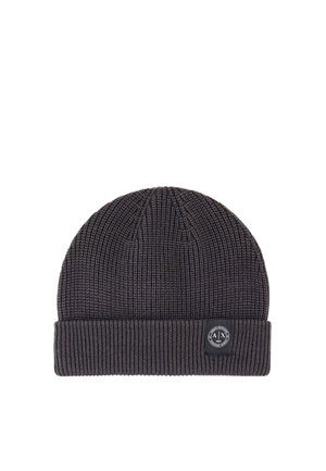 Cappello berretto lavorato a maglia grigio scuro con risvolto e piccola etichetta nera frontale con logo circolare bianco e testo.
