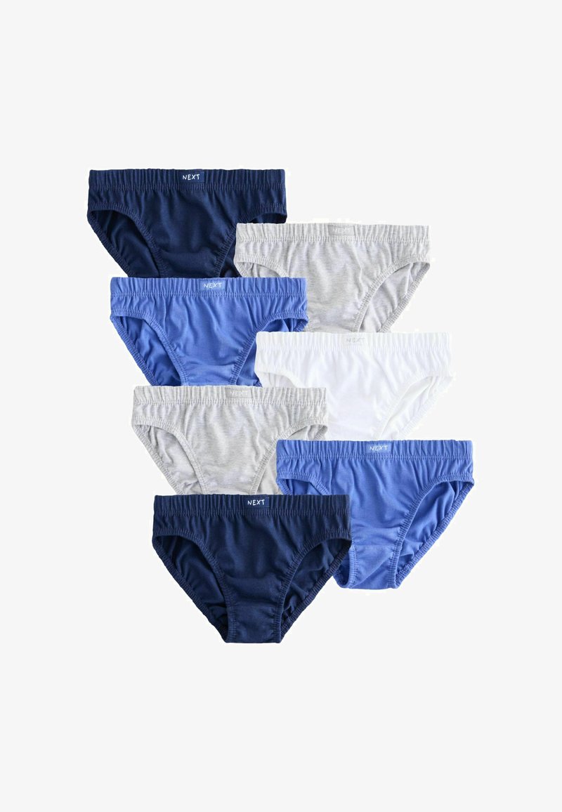 Sept slips en coton pour garçons en bleu marine, bleu clair, blanc et gris, disposés en deux colonnes qui se chevauchent sur un fond blanc.
