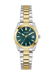 Montre Guess avec un cadran rond vert foncé, lunette dorée, bracelet en acier inoxydable argenté et doré, affichage de la date et index horaires minimalistes.