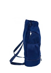 Sac à dos bleu marine avec un cordon de serrage en haut, des bretelles réglables et une poche en maille sur le côté. Tissu lisse avec un compartiment zippé en bas.