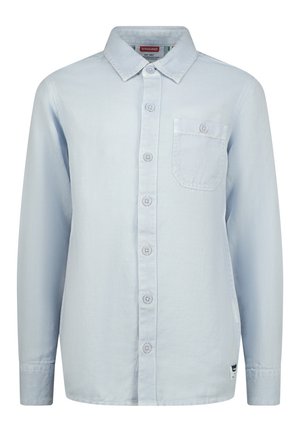 Jasnoniebieska koszula z długim rękawem na guziki, z kołnierzem i kieszenią na piersi po lewej stronie.