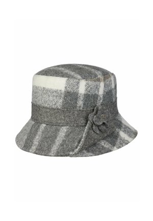 Grauer und weißer kariertes Woll-Bucket-Hut mit einem strukturierten Band und einem Stoffblumendetail an der Seite.
