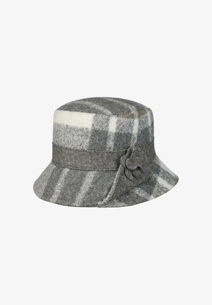 Grauer und weißer kariertes Woll-Bucket-Hut mit einem strukturierten Band und einem Stoffblumendetail an der Seite.