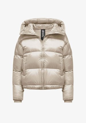 Beige shiny puffer jacket with front zipper, large padded collar, two side pockets, and ribbed cuffs.