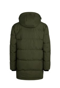Grüne Pufferjacke mit abnehmbarem Kapuzen, mit gestepptem Textur, elastischen Bündchen und mittellanger Schnittform. Keine sichtbare Markenkennzeichnung oder Akzente.