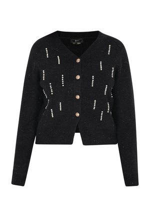 Czarny dziany kardigan z dekoltem w serek, z metalowymi guzikami i dekoracyjnymi białymi akcentami przypominającymi perły, ułożonymi pionowo.