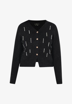 Czarny dziany kardigan z dekoltem w serek, z metalowymi guzikami i dekoracyjnymi białymi akcentami przypominającymi perły, ułożonymi pionowo.