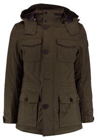 Veste parka vert olive en tissu à texture lisse. Comprend une capuche, plusieurs poches avant et des fermetures à boutons.