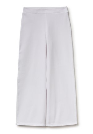 Pantalones blancos de pierna ancha con cintura alta, tejido liso y sin botones ni cremalleras visibles, colocados planos sobre un fondo blanco.