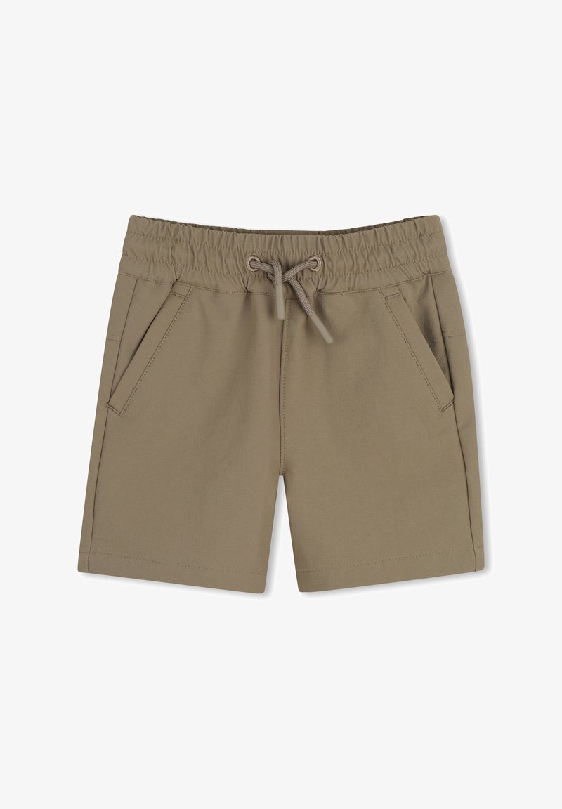 Shorts kaki à taille élastique avec cordon de serrage et poches latérales, adaptés pour un port décontracté.