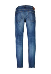 Jeans in denim blu con una vestibilità slim, lavaggio chiaro, cinque tasche, dettagli di sfumatura leggera e una patch in pelle beige sulla cintura posteriore.