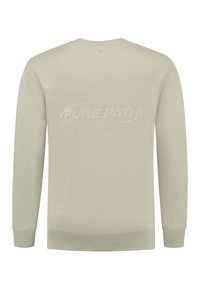 Lichtbeige sweatshirt met lange mouwen, ribbelmanchetten en -zoom. Heeft een verhoogd "PURE PATH" logo op de achterkant in een gladde textuur.