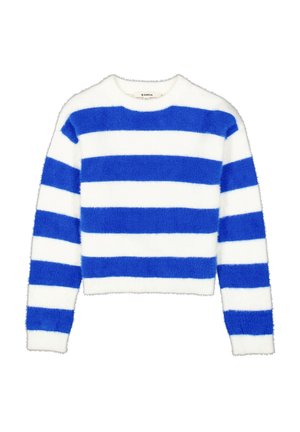 Pull à manches longues en tissu pelucheux avec larges rayures horizontales bleues et blanches, col rond et ourlet légèrement raccourci.