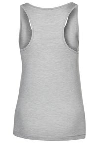 Graues Tanktop aus weichem, leichtem Stoff. Mit weiten Armlöchern und einem runden Halsausschnitt. Glatte Textur mit schlichtem Design.