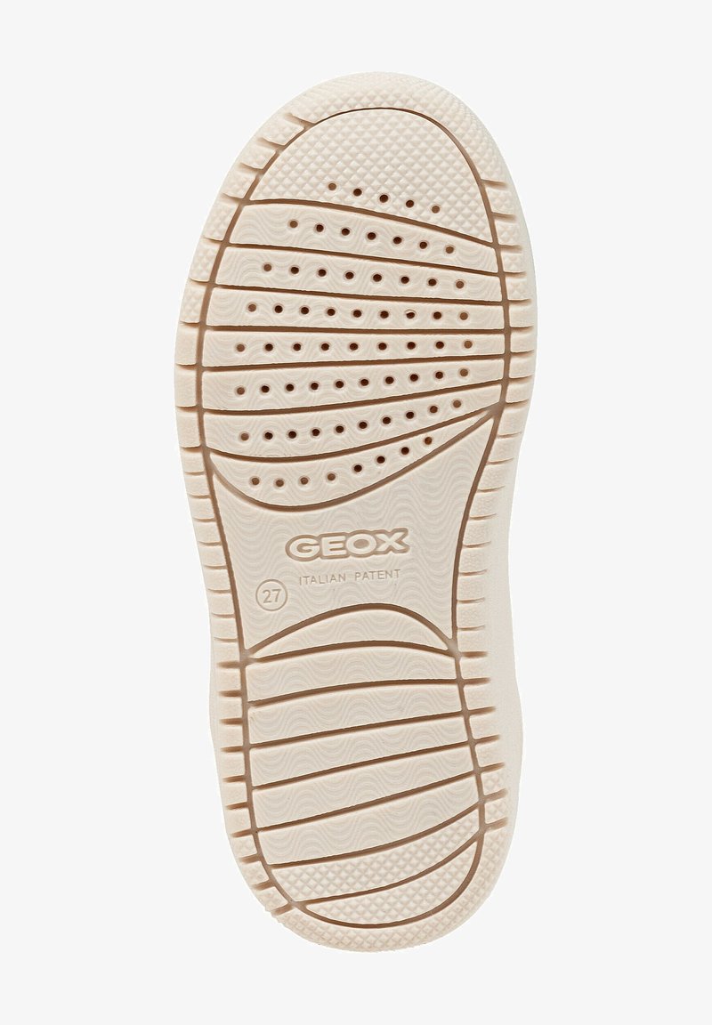 Semelle de chaussure en caoutchouc beige avec perforations, motifs antidérapants texturés et marquage "GEOX Italian Patent", taille 27 indiquée près de la voûte plantaire.