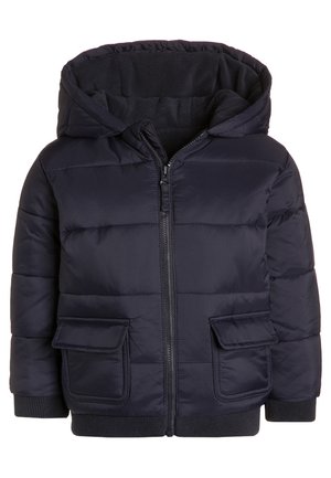 Marineblauwe pufferjack met een capuchon, voorzien van een voorkantrits, twee klepzakken en ribgebreide manchetten. Glad, gewatteerd textuur.