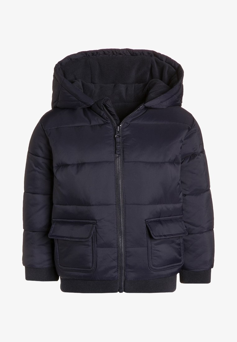 Doudoune bleu marine avec capuche, dotée d'une fermeture éclair à l'avant, de deux poches à rabat et de poignets côtelés. Texture lisse et rembourrée.